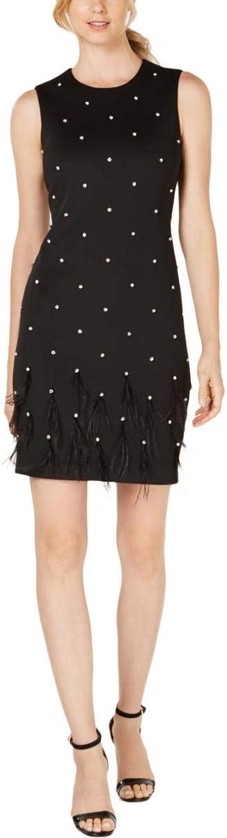 

Женское платье-футляр без рукавов Calvin Klein с отделкой стразами и перьями, Black