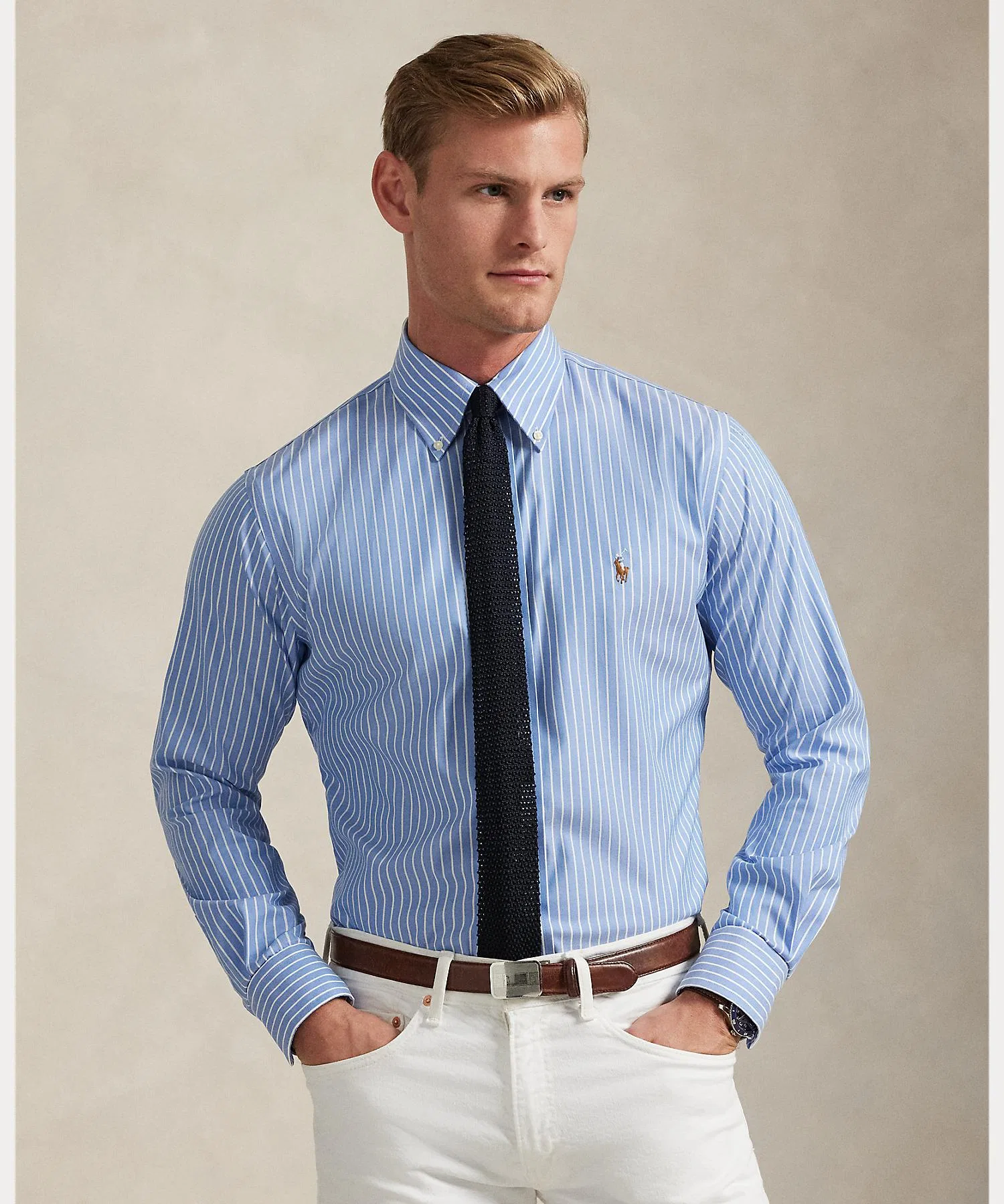 Мужская рубашка в полоску POLO RALPH LAUREN с длинным рукавом голубая
