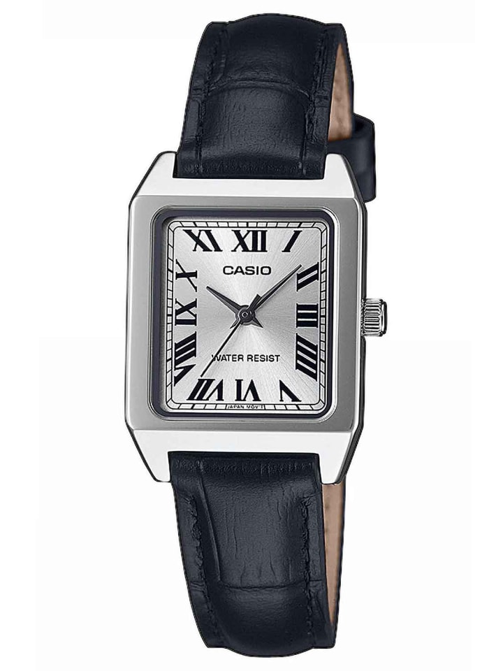 

Casio Женские прямоугольные часы с кожаным ремешком, серебристо-черные