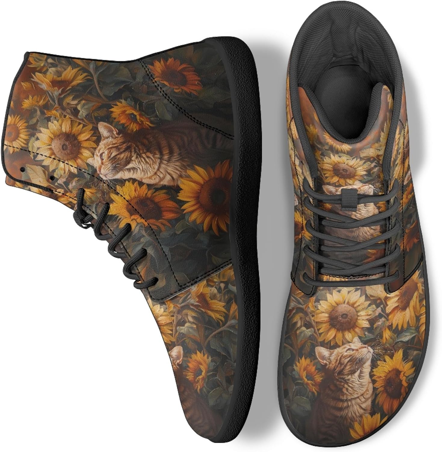 

Персонализированные кроссовки с принтом для мужчин и женщин, из искусственной кожи, высокие, босоножки Arleeorkee, Cat Sunflower
