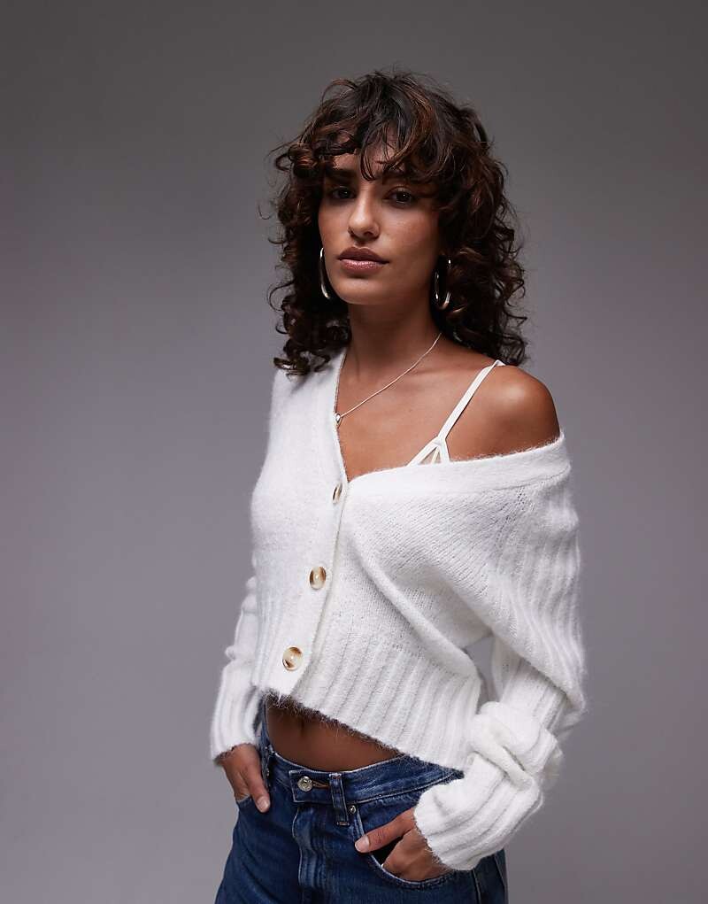 

Кремовый кардиган в рубчик с V-образным вырезом Topshop