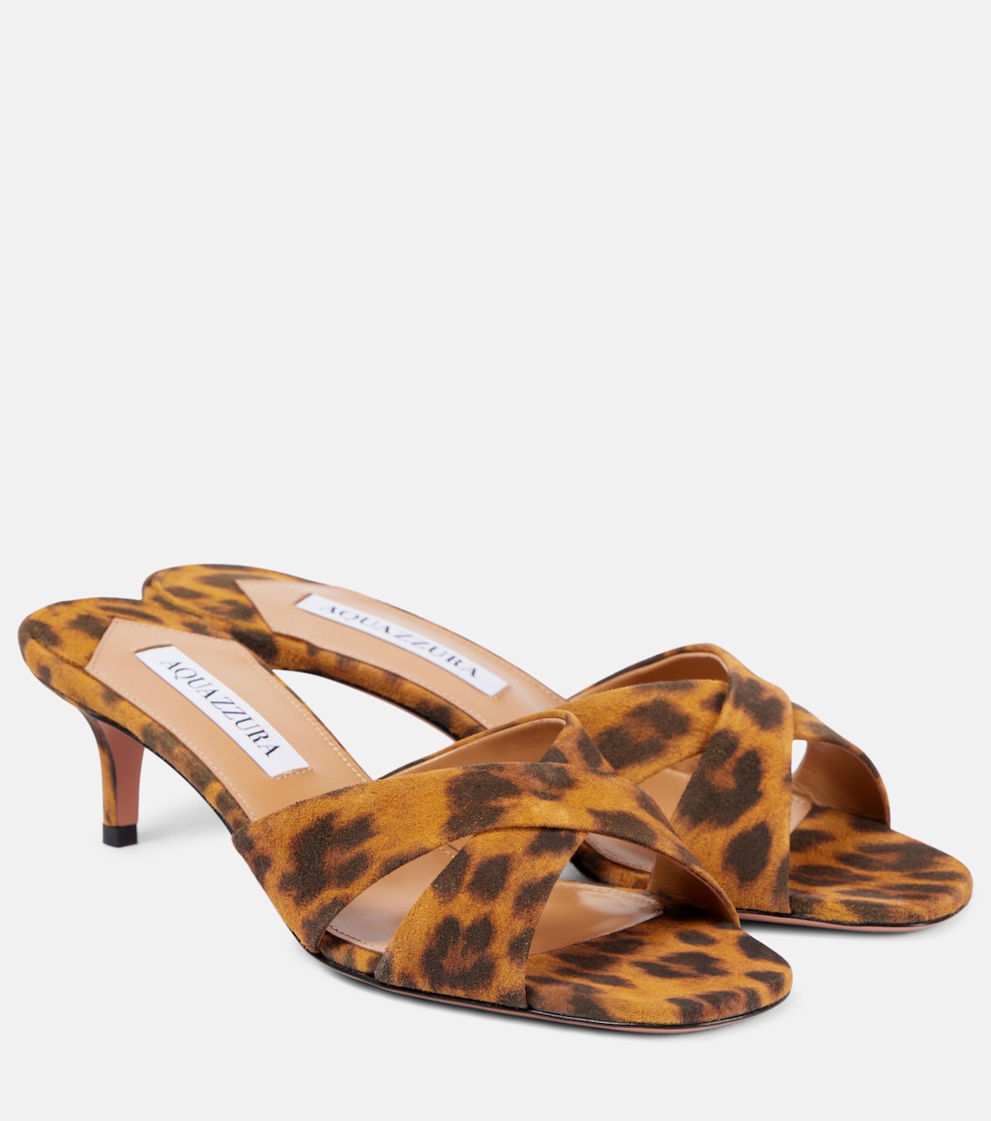 Замшевые мюли Divine 50 с леопардовым принтом Aquazzura, Caramel