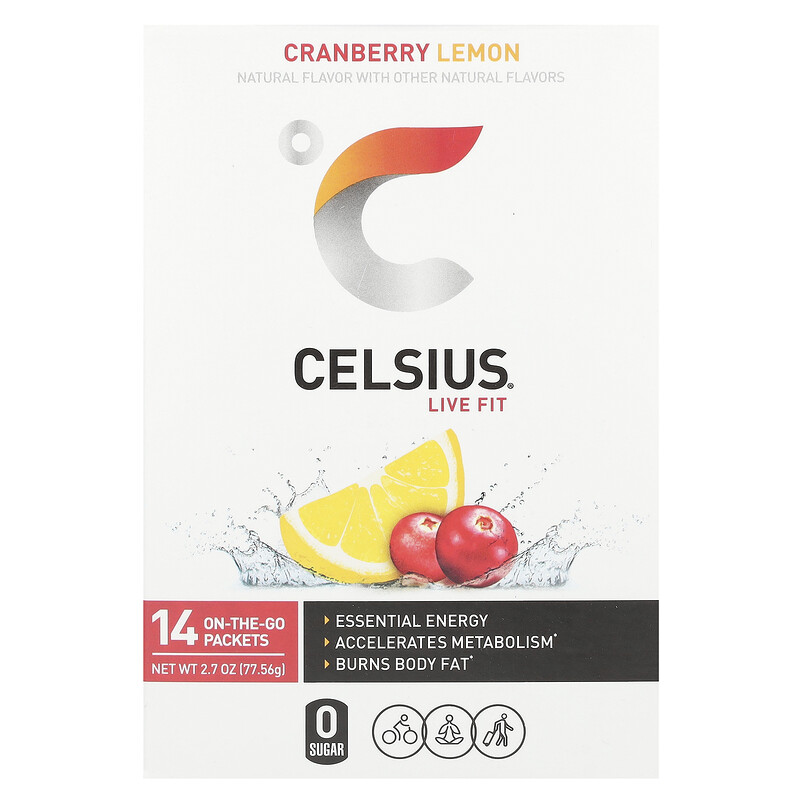 

Celsius, Live Fit, клюква и лимон, 14 пакетиков, по 5,54 г (0,2 унции)