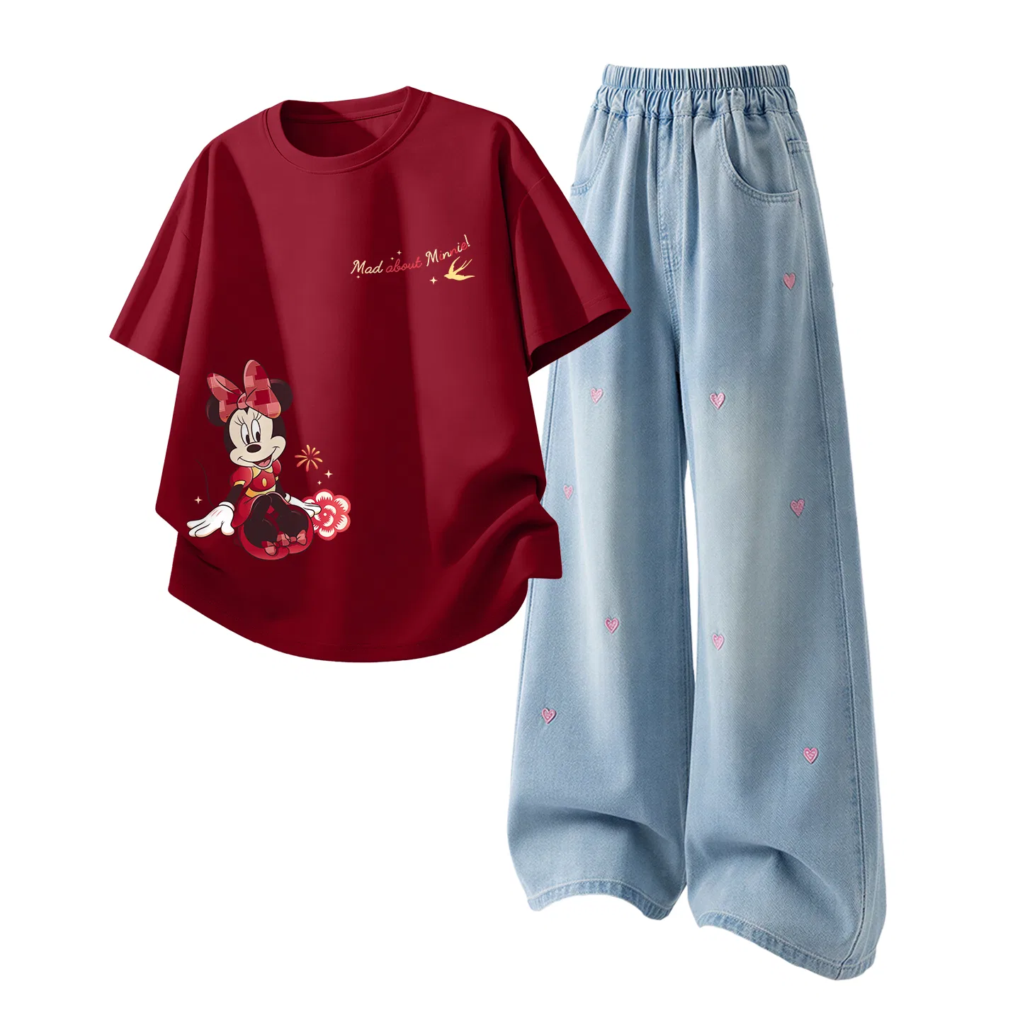 Детский спортивный костюм Casual Sportswear 2 Piece Set Disney, Di Xián Zǐ Window Pattern K Garnet Red+Solid Color Denim Light Blue