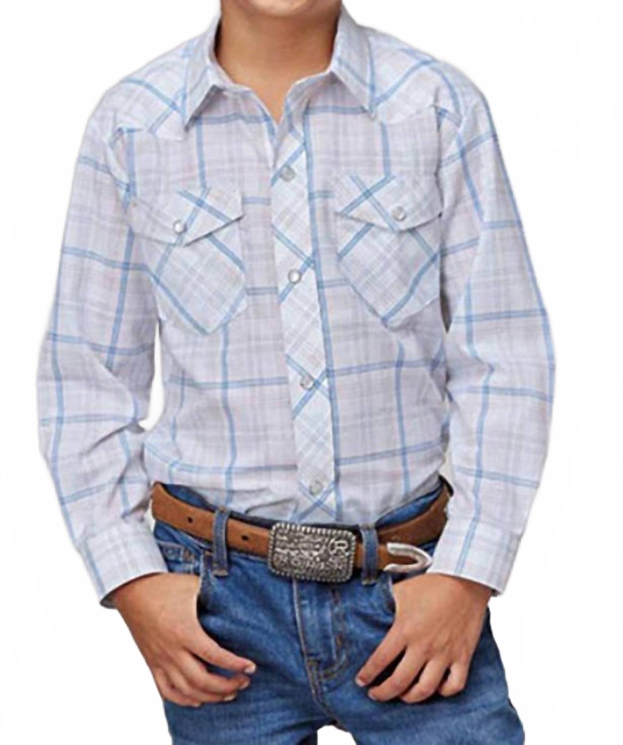 

Классическая рубашка для мальчиков с длинным рукавом в ковбойском стиле, клетчатая, на кнопках, бело-голубая Roper