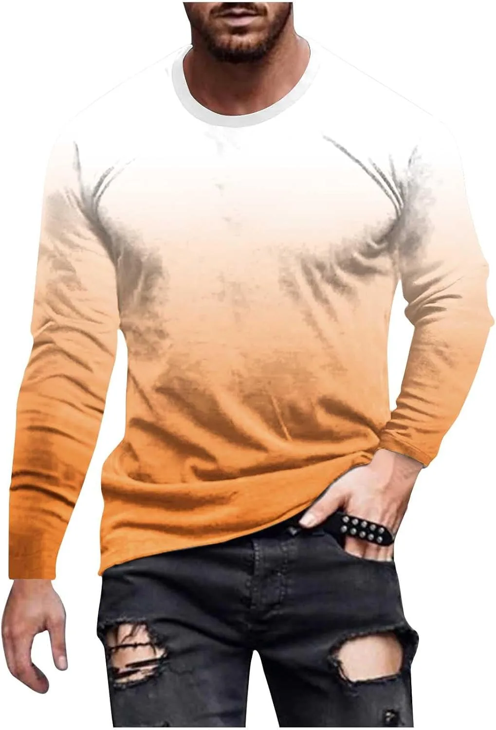 

Футболка с длинным рукавом для мужчин, Casual Gradient Tie Dye, Slim Fit QUNPIU