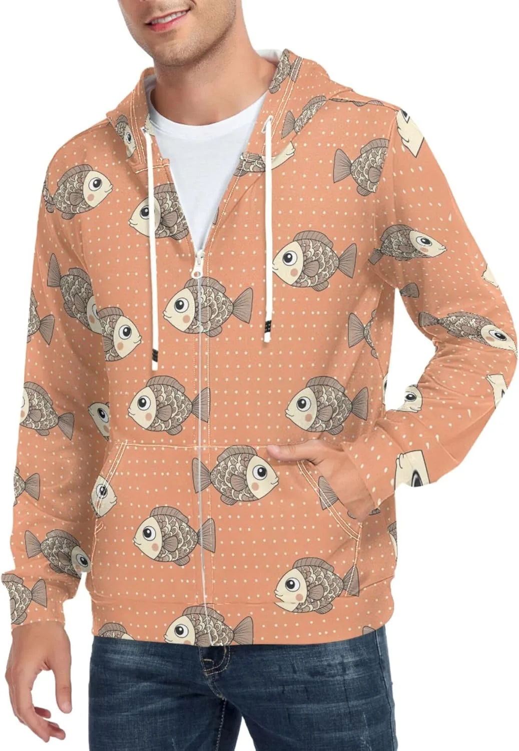 

Мужская толстовка с капюшоном на молнии, оранжевый принт с рыбками, с карманом CUPADA