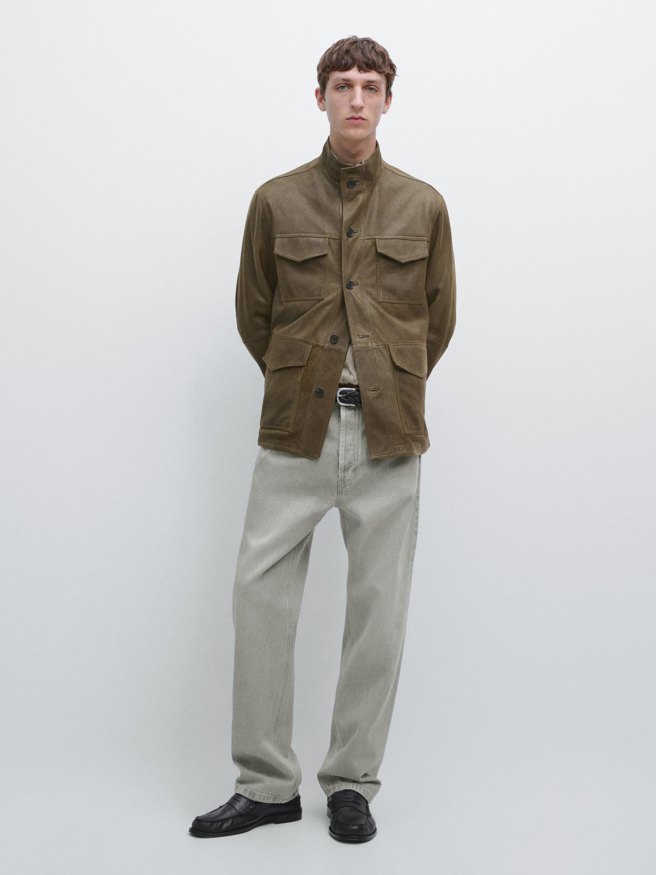 Куртка из козьей кожи с эффектом состаривания Massimo Dutti, khaki