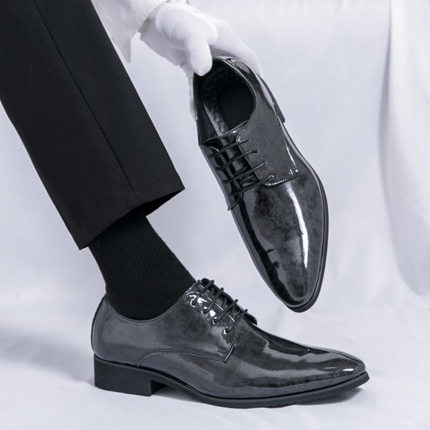 Мужские ретро туфли Oxfords из лакированной кожи с принтом, шнуровкой, низким верхом, заостренным носком, с нескользящей подошвой и массивным каблуком, повседневные туфли Dreby для официальных мероприятий, бизнеса и свадеб Boaobaihuo, черный — фото 2