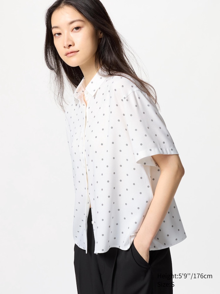 

Блуза из искусственного шелка с принтом, короткий рукав Uniqlo, цвет 01 белый