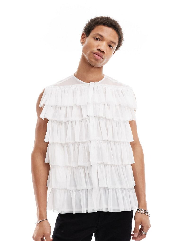 

Белая свободная рубашка без рукавов с рюшами ASOS DESIGN