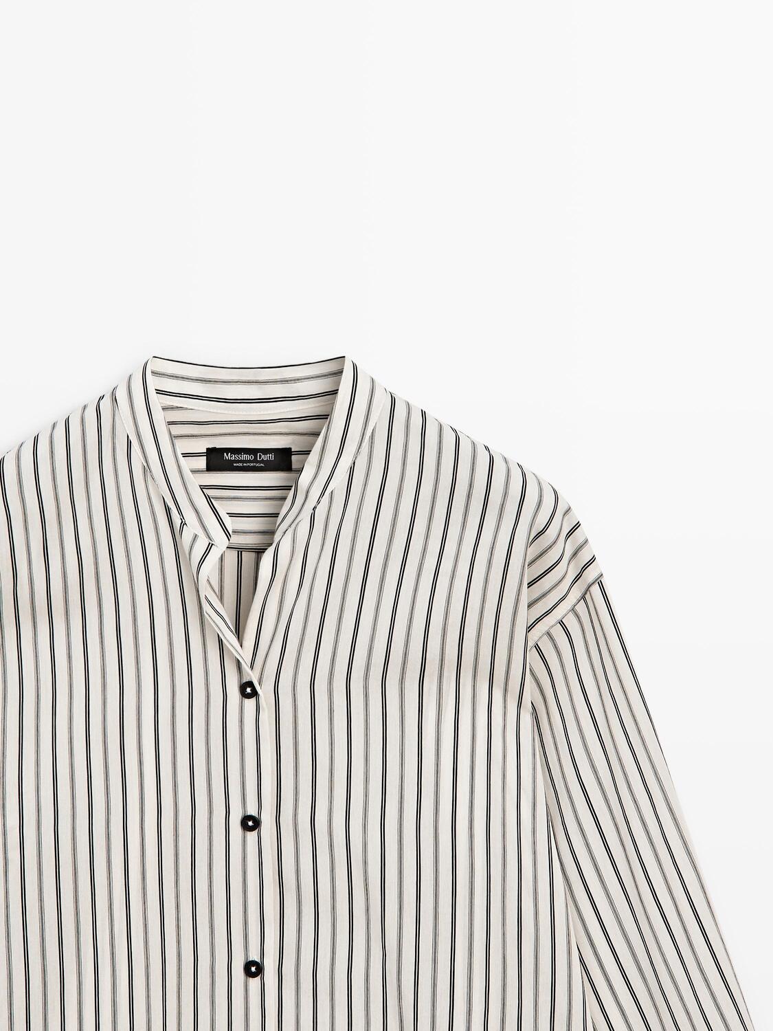 Летящая рубашка в полоску со стойкой Massimo Dutti, off white — фото 4