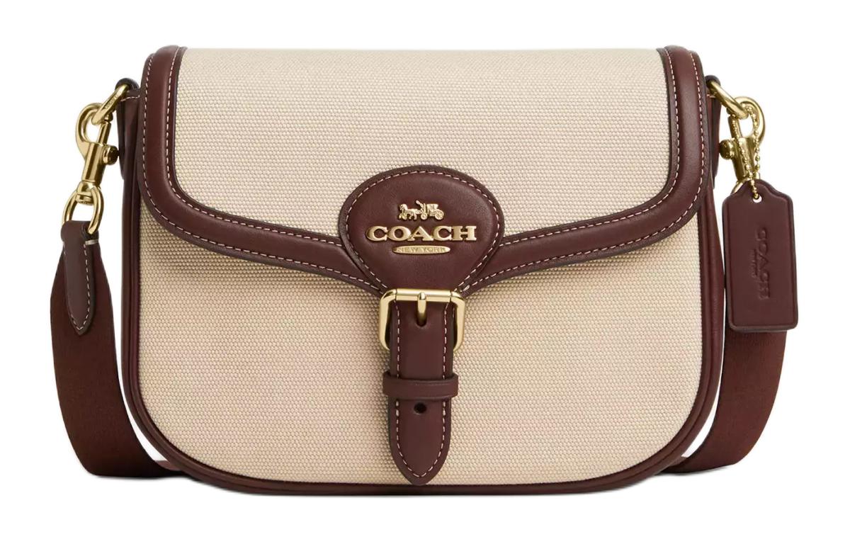 

Сумка через плечо Amelia Canvas Saddle среднего размера для женщин золото и натуральный мультиколор COACH