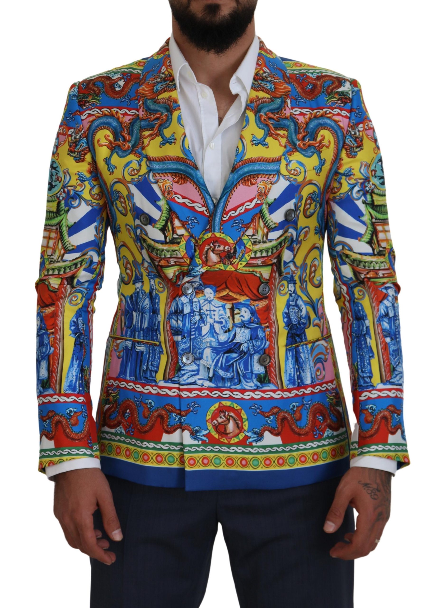 

Элегантный шелковый двубортный блейзер с драконом Dolce & Gabbana, мультиколор