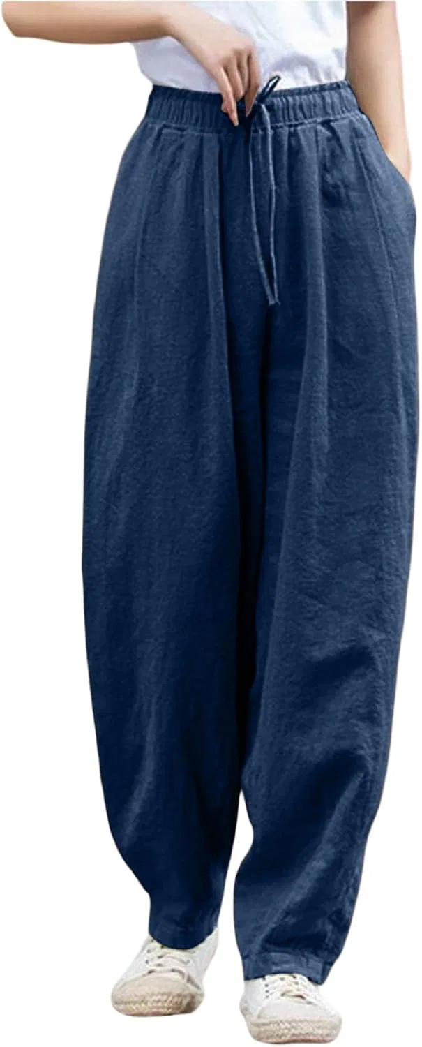 Женские широкие льняные брюки, Navy
