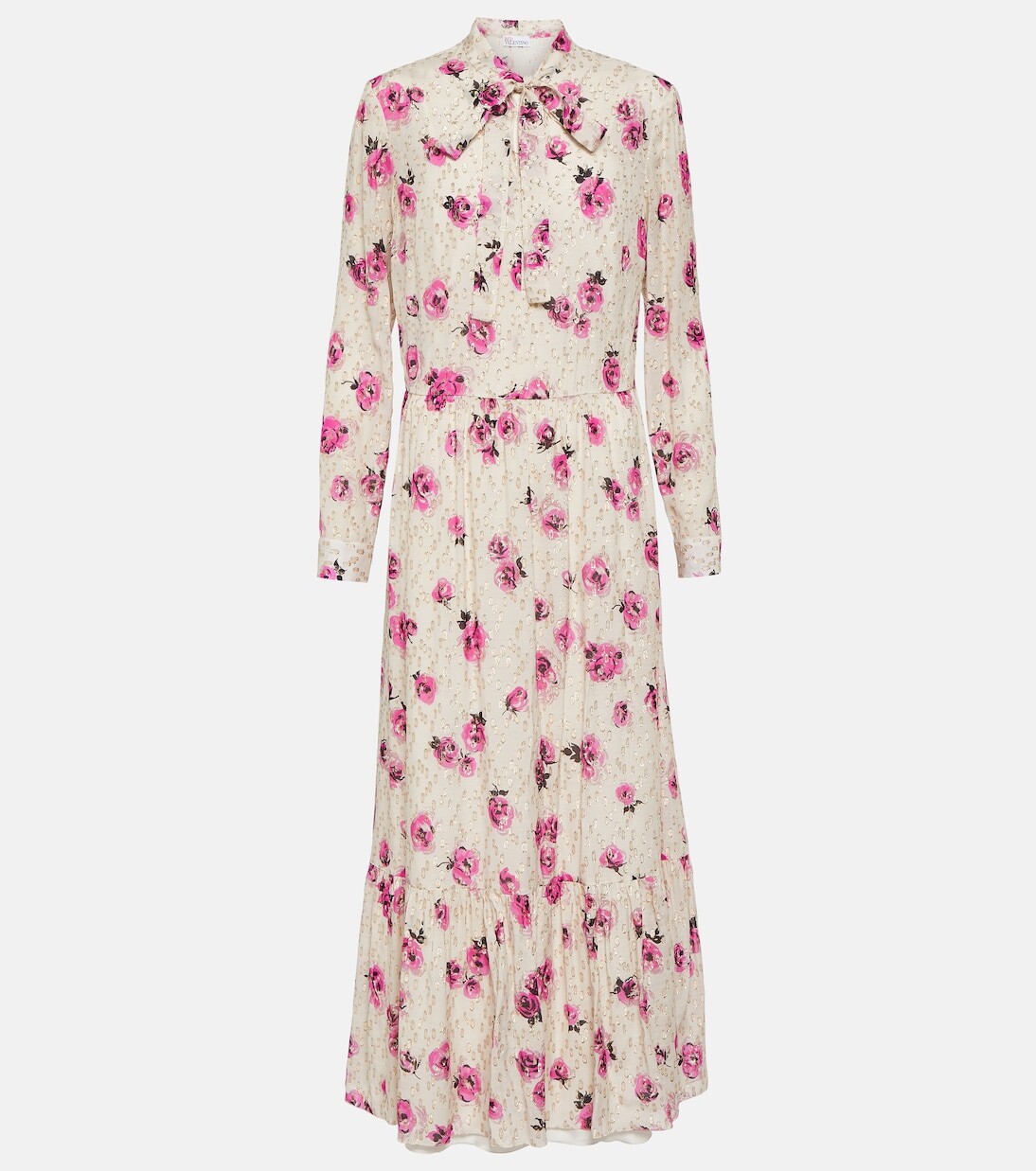 

Платье макси из ламе с цветочным принтом и воротником-стойкой Redvalentino, белый