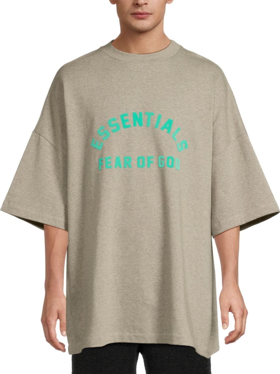 

Футболка из хлопка с заниженной линией плеч и логотипом Fear of God Essentials, цвет Dark Heather Grey