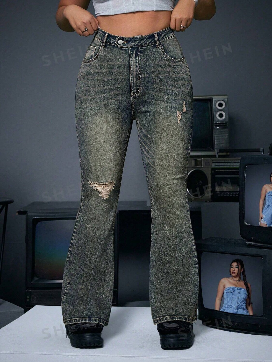 

EZwear Джинсы больших размеров, Рваные, приталенные, брюки-клеш Shein, синий