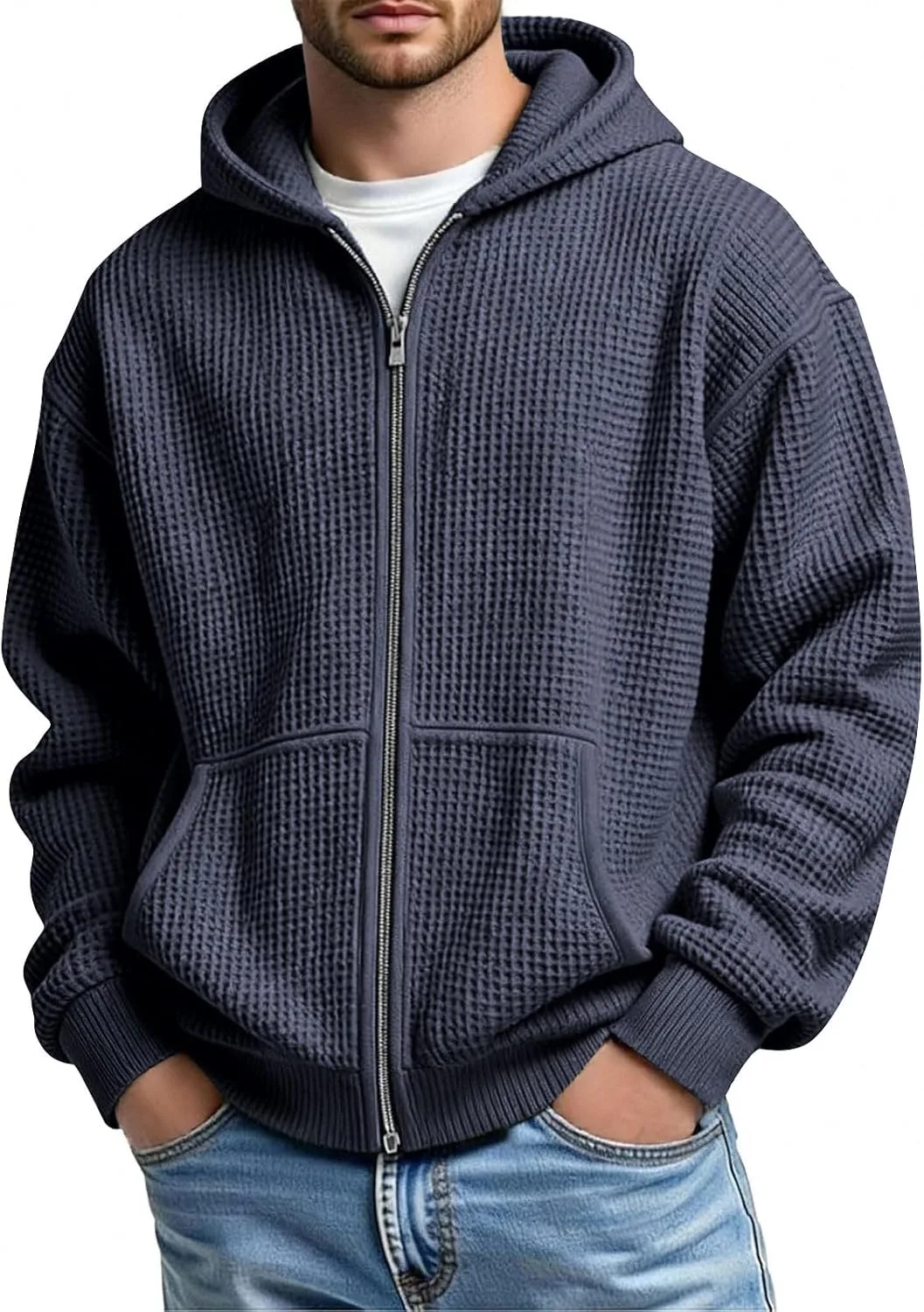 

Толстовка мужская Waffle Textured Knit с капюшоном, на молнии, с карманами TERGHTP