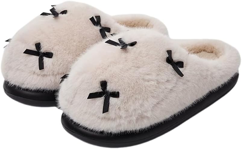 

Тапочки Vuqofkc Bow, пушистые тапочки для женщин и мужчин, домашняя обувь с эффектом памяти, плюшевые, для спальни, теплые зимние удобные тапочки для дома и улицы, белый