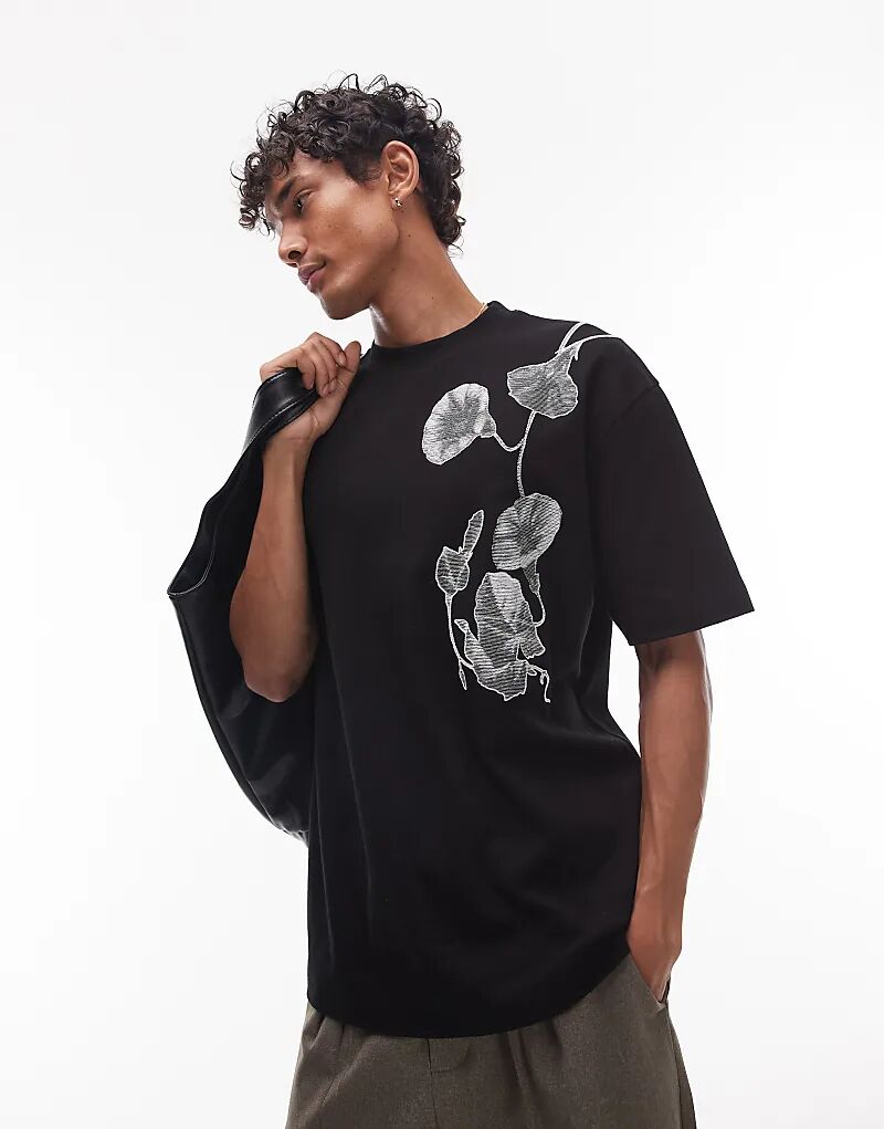 

Футболка Topman свободного кроя с цветочной вышивкой черного цвета