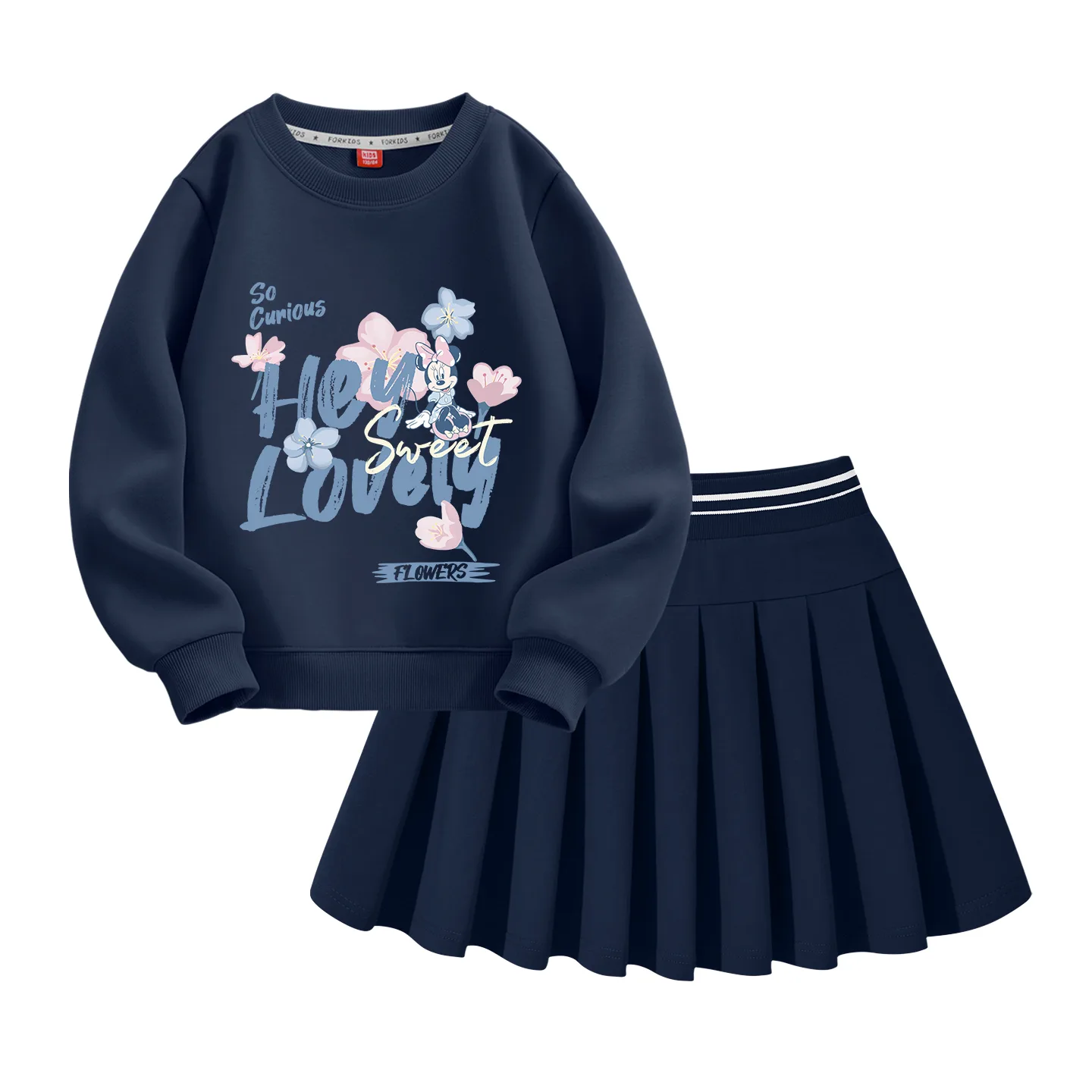 Детский комплект из юбки и футболки с коротким рукавом Disney, Light Pastel Floral Navy Blue+Solid Color White — фото 3