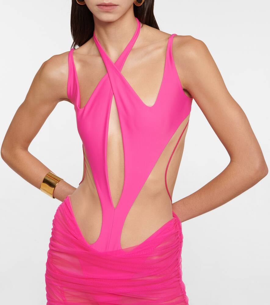 Платье миди из тюля с ажурными вставками Mugler, Hot Pink/Nude 01 — фото 3