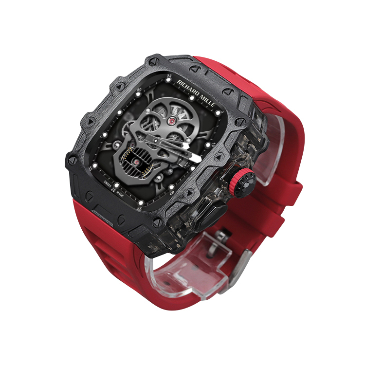 

Akkerds Часы Apple Alloy Case Material Ultra2/1 Generation, Black Case with Transparent Black Middle Frame, Red Fluoroelastomer Single-Button Buckle Strap