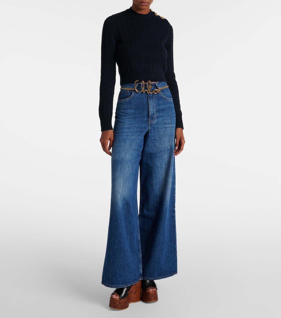 Укороченный хлопковый свитер с косичной вязкой Chloé, Classic Navy — фото 2