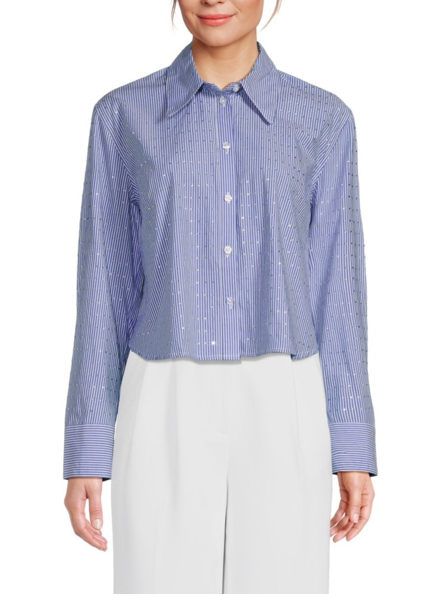 

Укороченная рубашка из поплина в полоску с заклепками DKNY, цвет Bluebell
