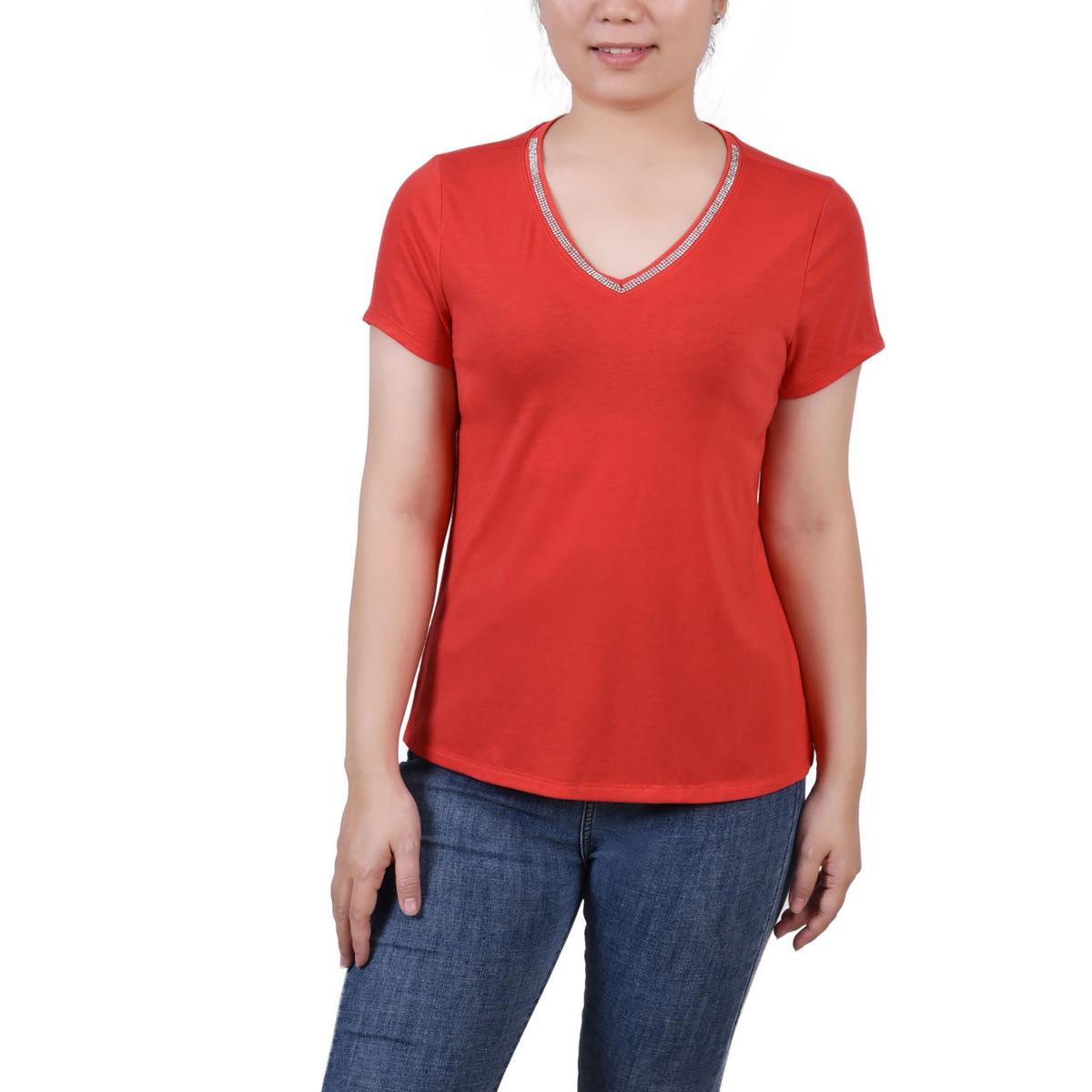 

Женская однотонная блузка Petites с отделкой стразами NY Collection, красный
