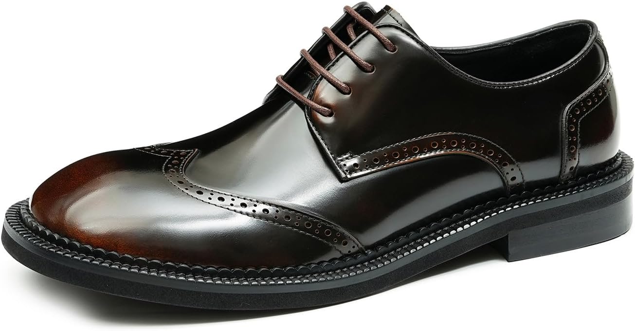 

Мужские оксфорды Santimon из лакированной кожи - формальные туфли с квадратным носком и брогированием, классические туфли для костюма, выпускного, свадьбы и деловых встреч, коричневый