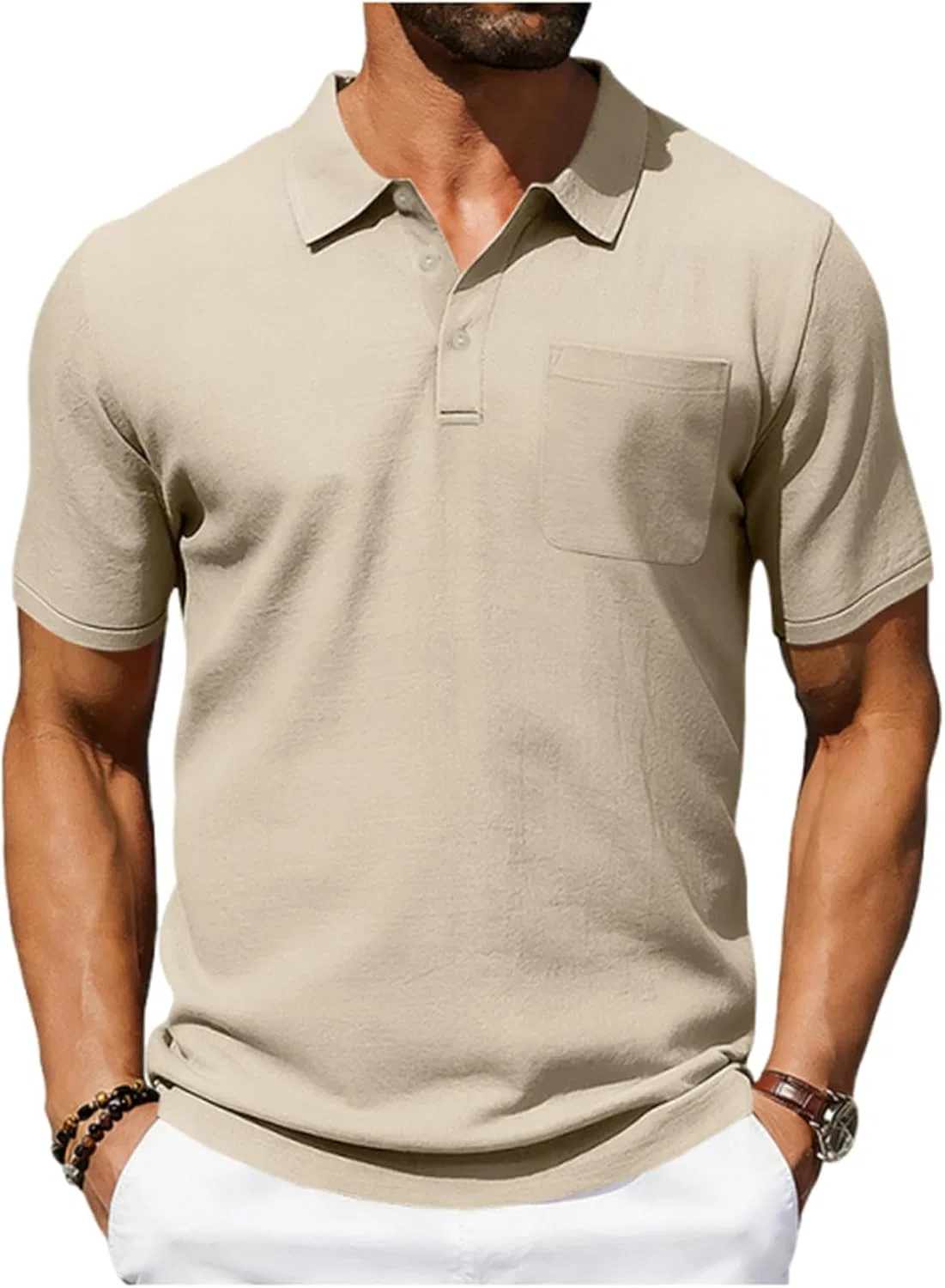 Футболка мужская с воротником на пуговицах, Cotton Linen, Khaki
