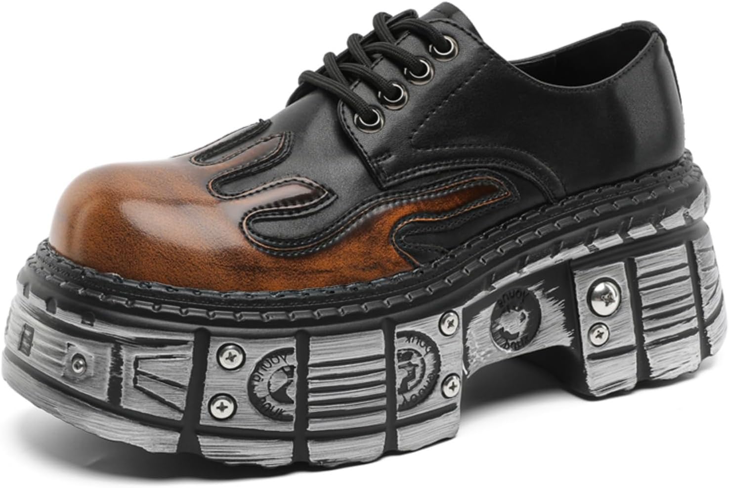 

Мужские кожаные оксфорды на шнуровке с тиснением в виде пламени на носке, индустриальная массивная платформа и металлические детали - обувь в стиле панк для городского модного повседневного ношения Lshwcift, коричневый