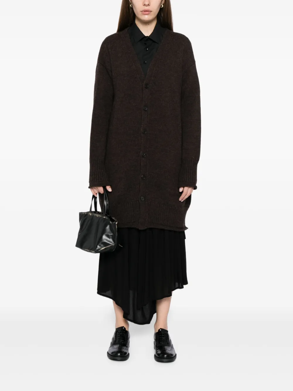 Кардиган с V-образным вырезом и логотипом Yohji Yamamoto, коричневый — фото 2