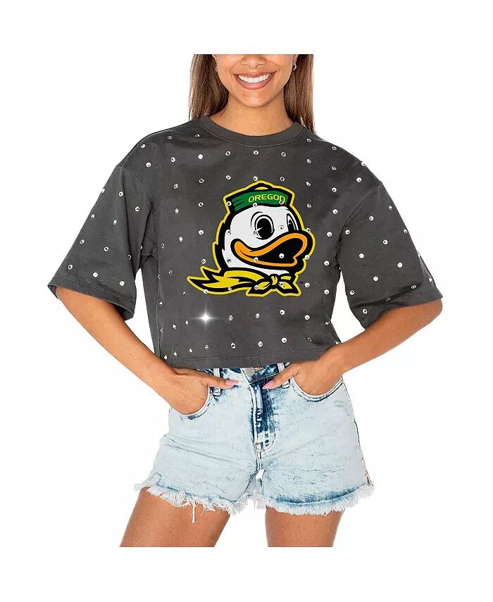 

Женская серая укороченная футболка Oregon Ducks Go Time со стразами Gameday Couture