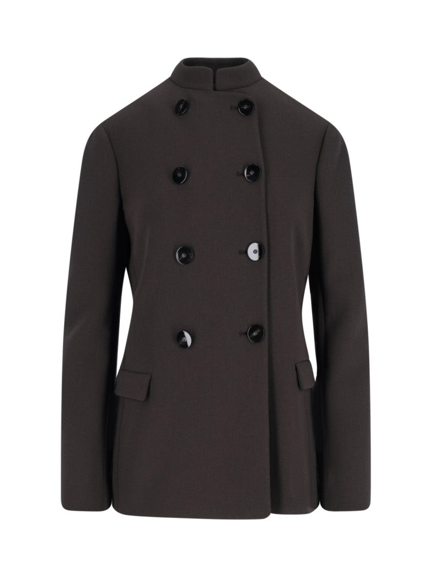 

Двубортный пиджак из вирджинской шерсти, коричневый, с воротником-стойкой Giorgio Armani