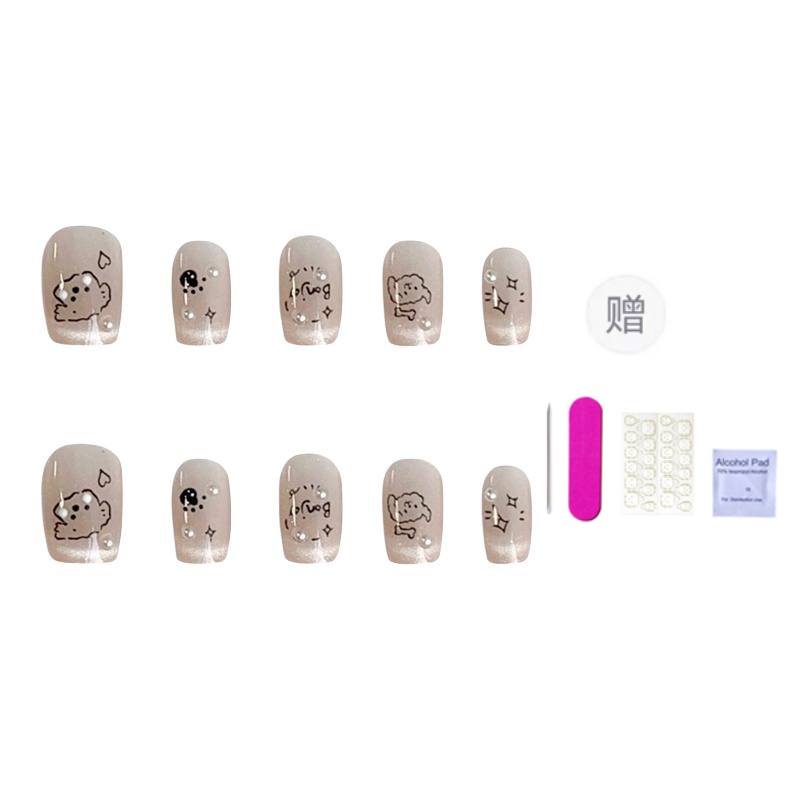

French Puppy Versatile Instagram Style Cartoon Cute Hand Drawn False Nail Short Ladder Nude Smudge 16mm ORANOT, Short Ladder Xs, Suitable For Small Hands 14-10-11-10-7