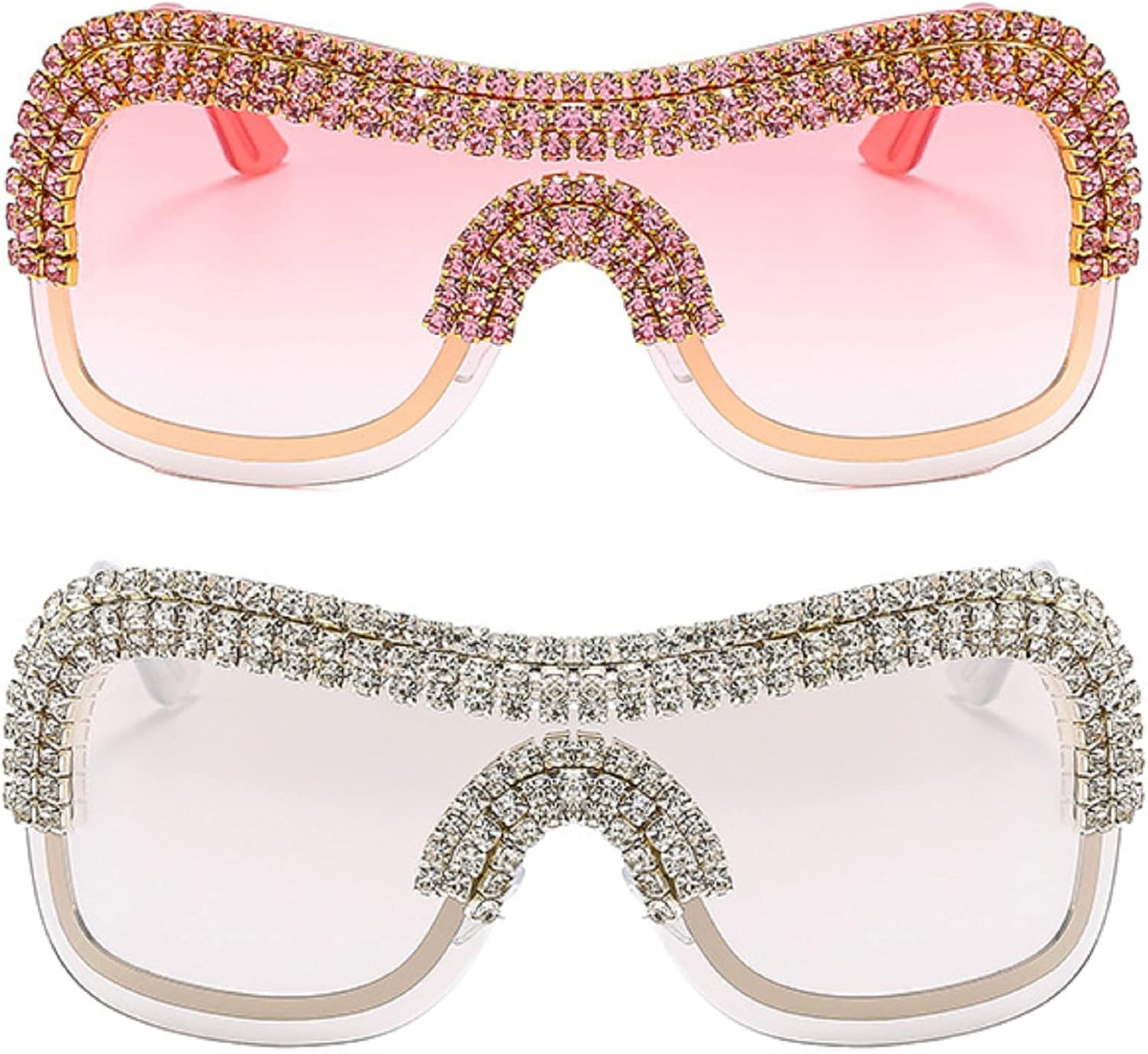 

Роскошные солнцезащитные очки большого размера в стиле Y2k для женщин, без оправы, винтажные серебристые солнцезащитные очки с крупными стразами mincl, 2pcs-pink&silver