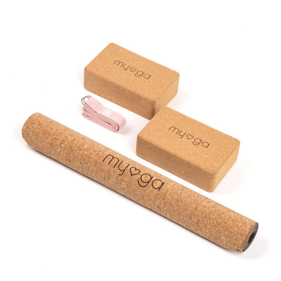 

MYGA Полный набор для йоги из пробки: коврик для йоги из пробки, 2 пробковых блока и ремень для йоги - розовый