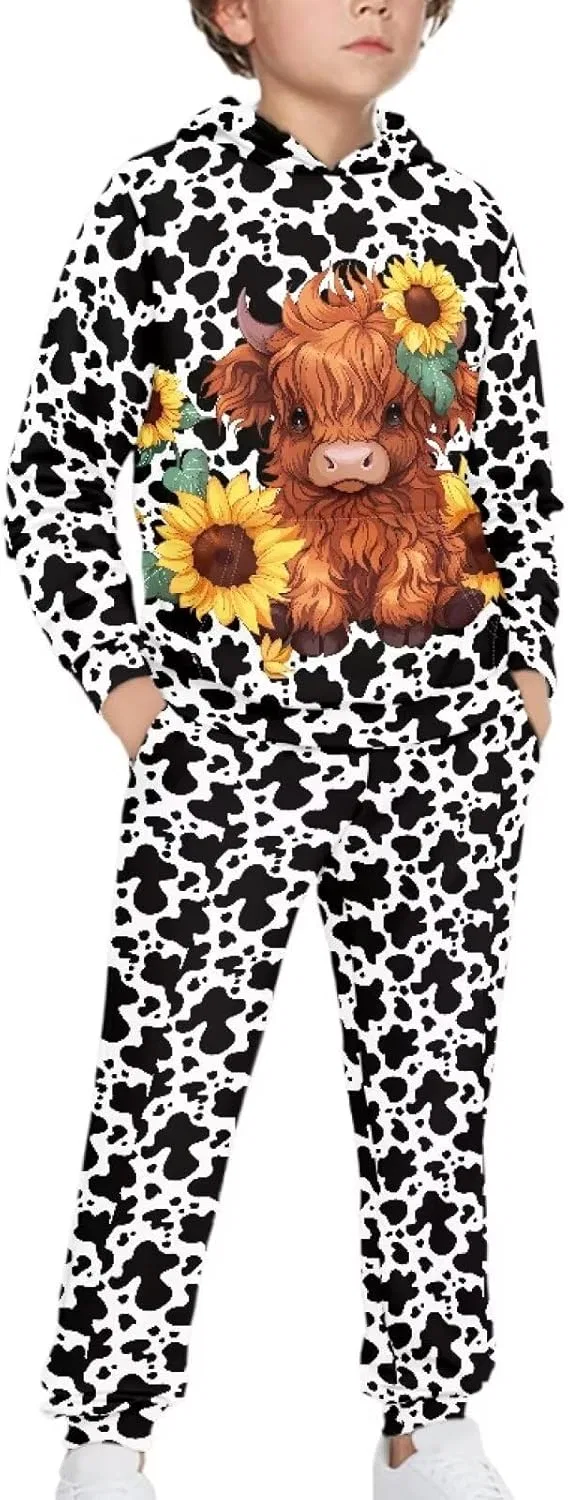 Спортивный костюм для девочек 5-12 лет Xpyiqun, 2 предмета, Highland Cow Print — фото 3