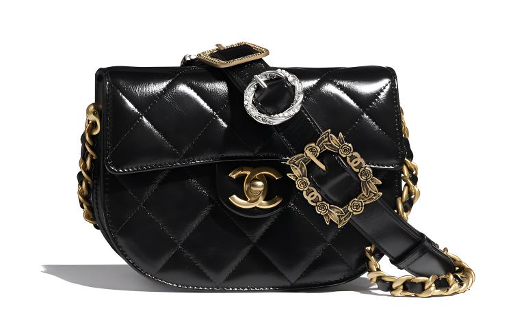 

CHANEL Сумка-седло из блестящей телячьей кожи, сумка-мессенджер на одно плечо, обычная женская, черная