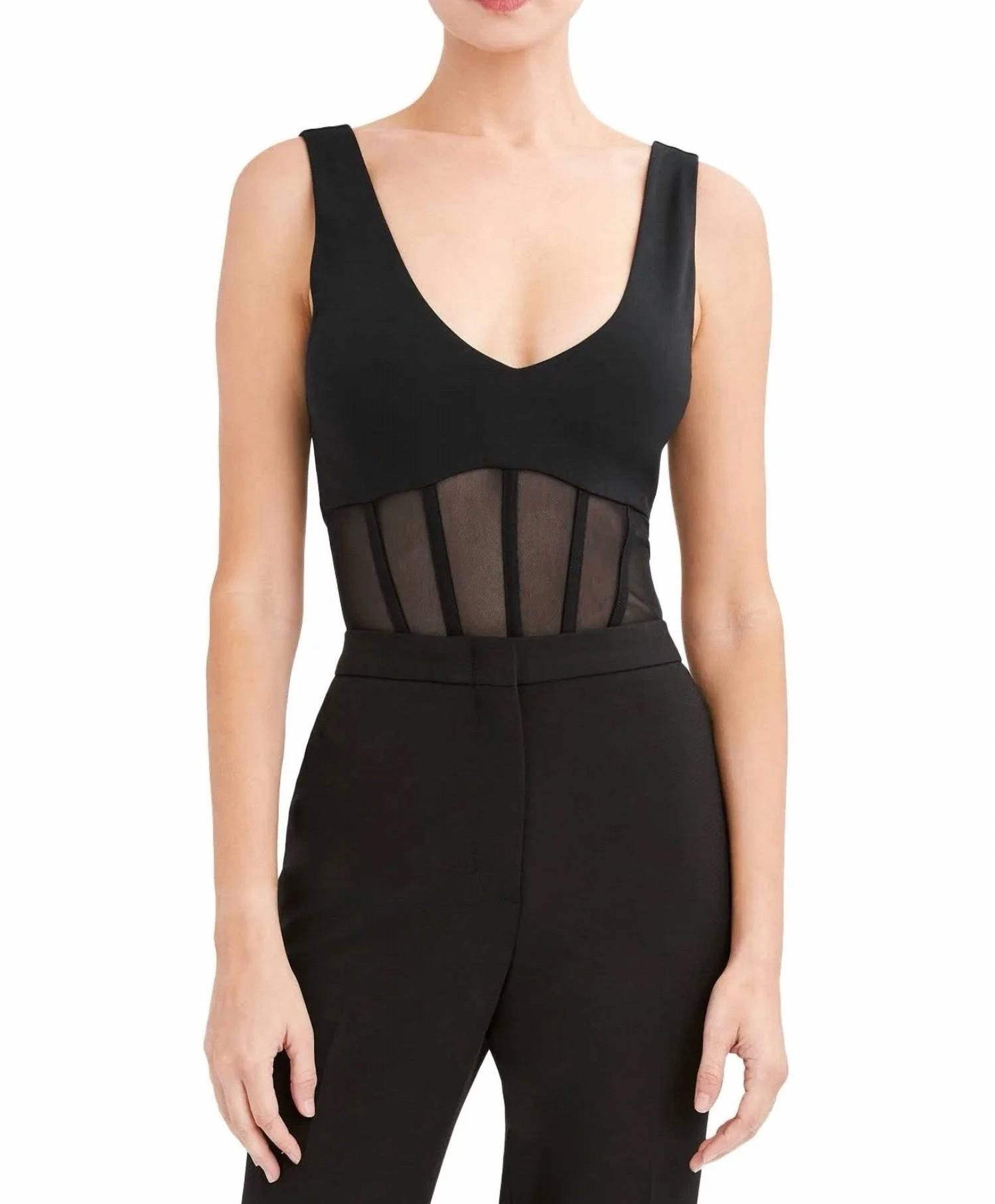 

Черный боди с глубоким V-вырезом и сетчатыми вставками BCBGMAXAZRIA