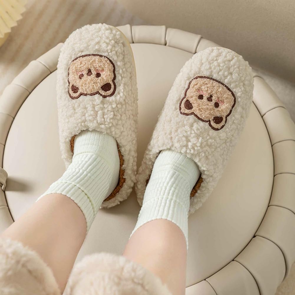 Тапочки Avilego Cute Cozy с мультяшным медвежонком, хлопковые, для дома и улицы, теплые, с нескользящей подошвой, мягкие плюшевые шлепанцы для женщин и мужчин, бежевый — фото 2