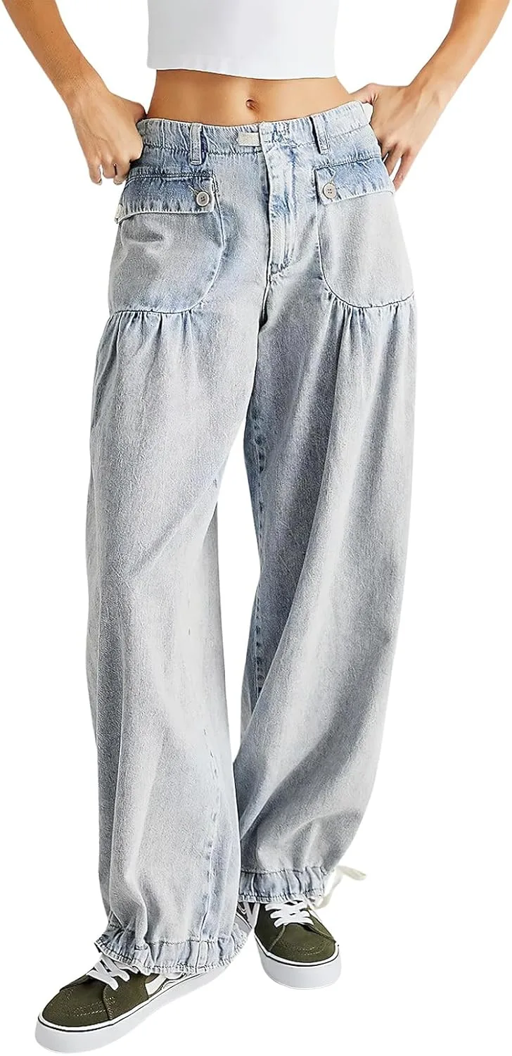 

Женские джинсы baggy barrel с высокой талией и регулируемым шнурком ebossy