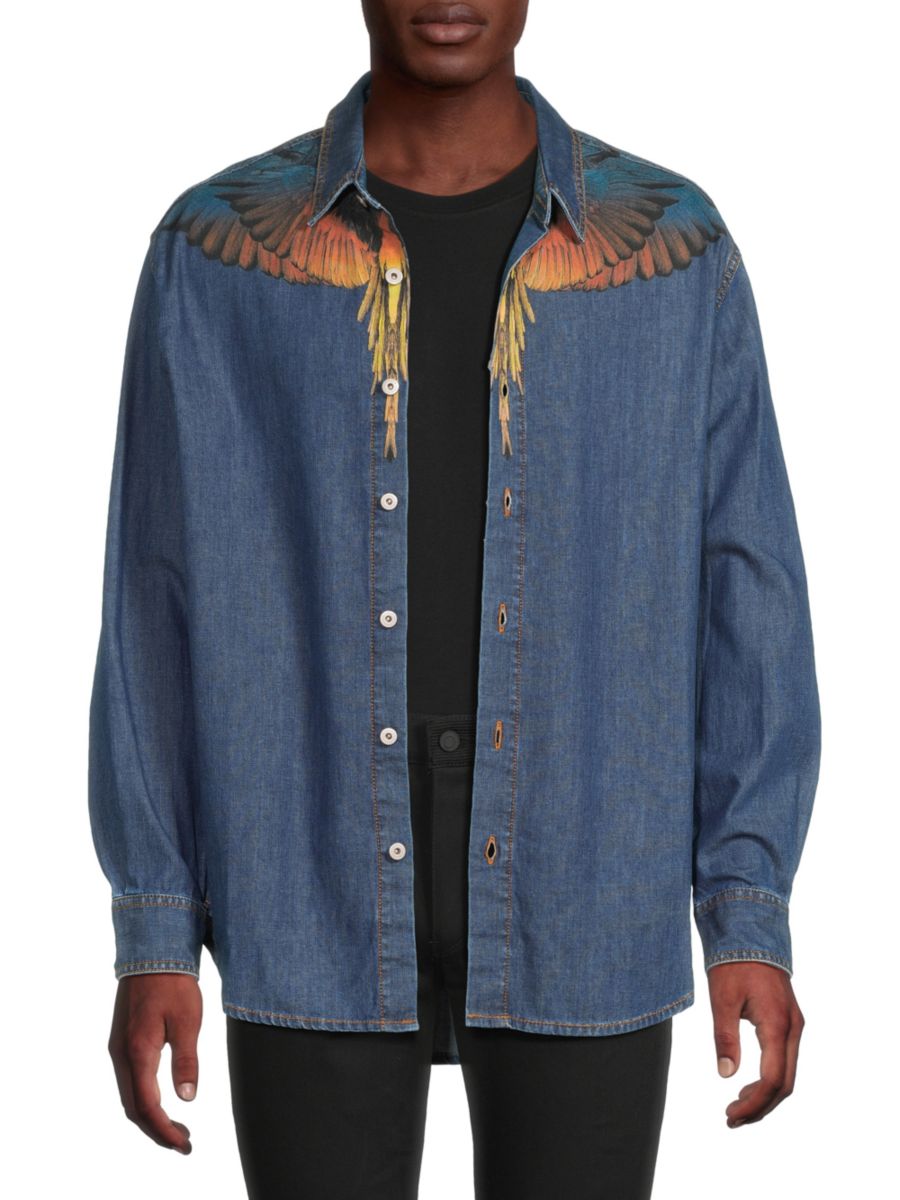 

Джинсовая куртка-рубашка с принтом крыльев Stonewash Marcelo Burlon, синий