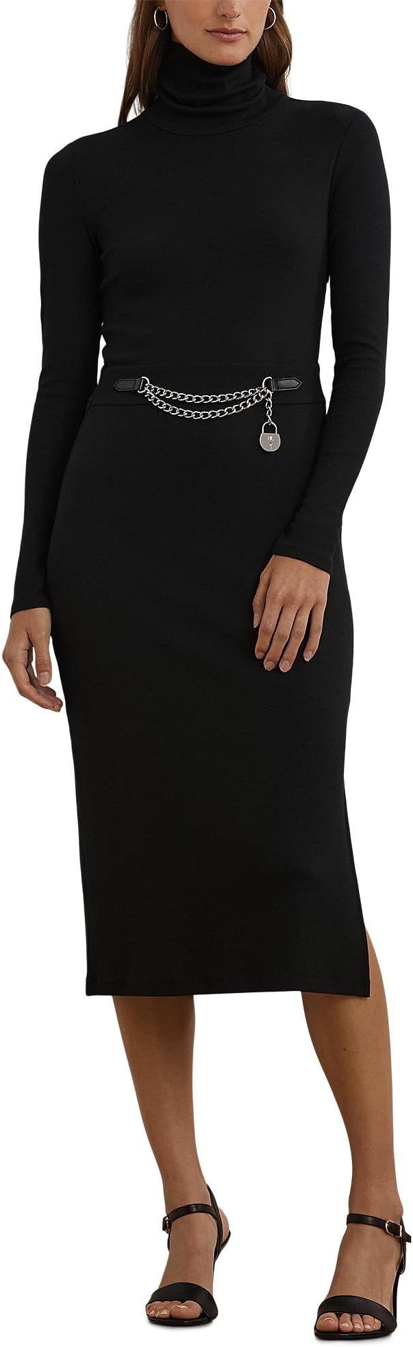 

Платье Lauren Ralph Lauren Chain-Trim Rib-Knit Turtleneck Dress, черный