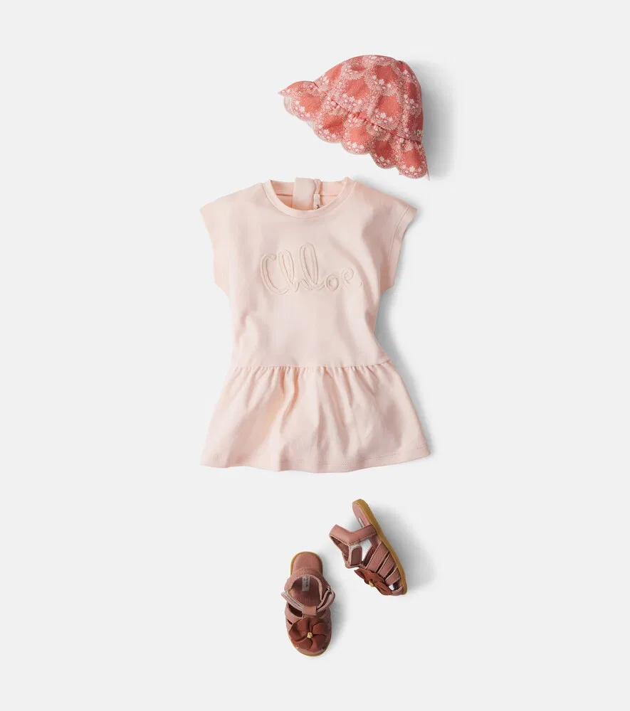 Платье из хлопкового трикотажа с вышитым логотипом Chloé Kids, розовый — фото 2
