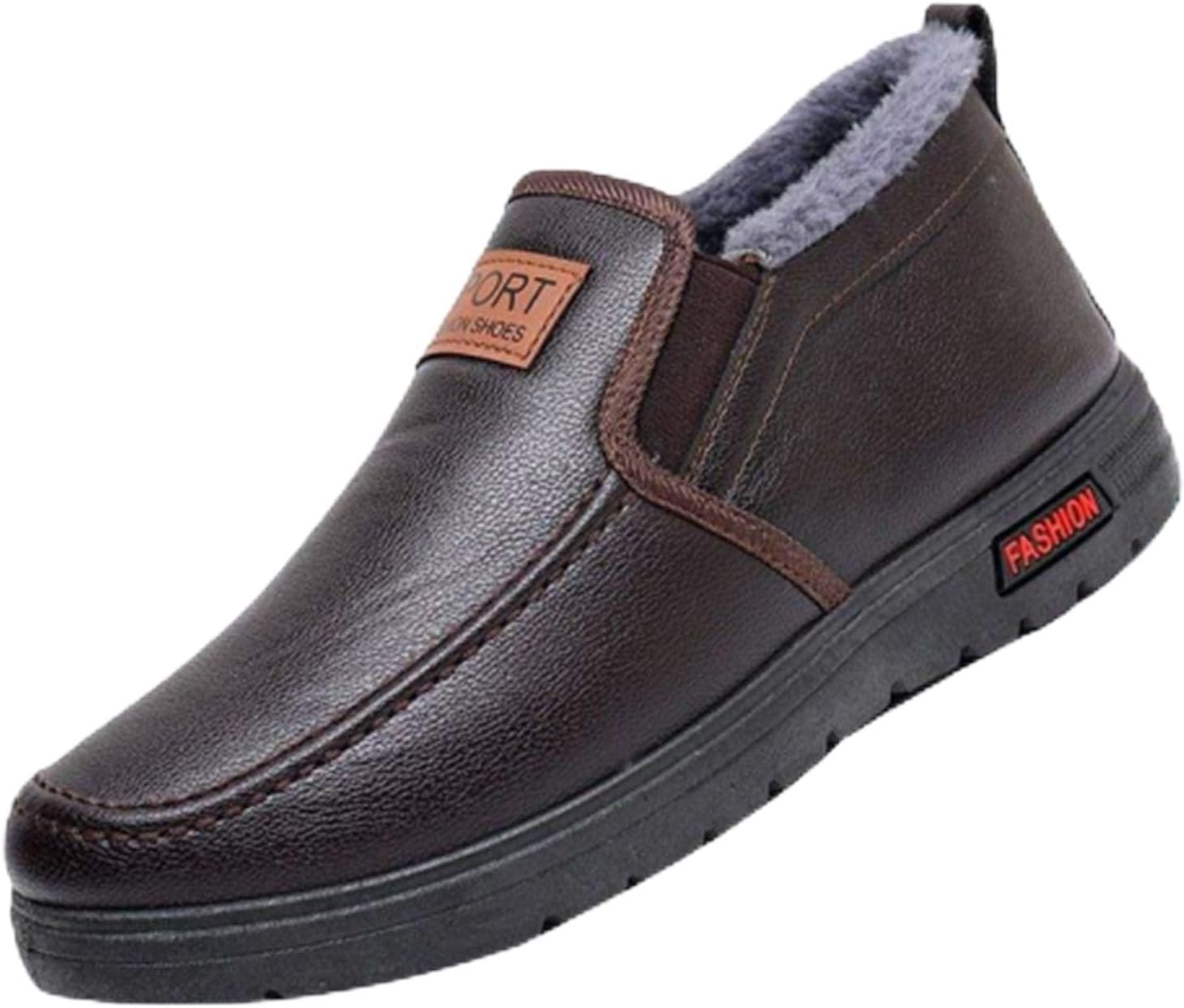 

Мужские кожаные зимние ботинки, зимние снежные ботинки без шнурков с теплой искусственной меховой подкладкой, водонепроницаемые ботинки для прогулок и вождения Zplmide, Coffee