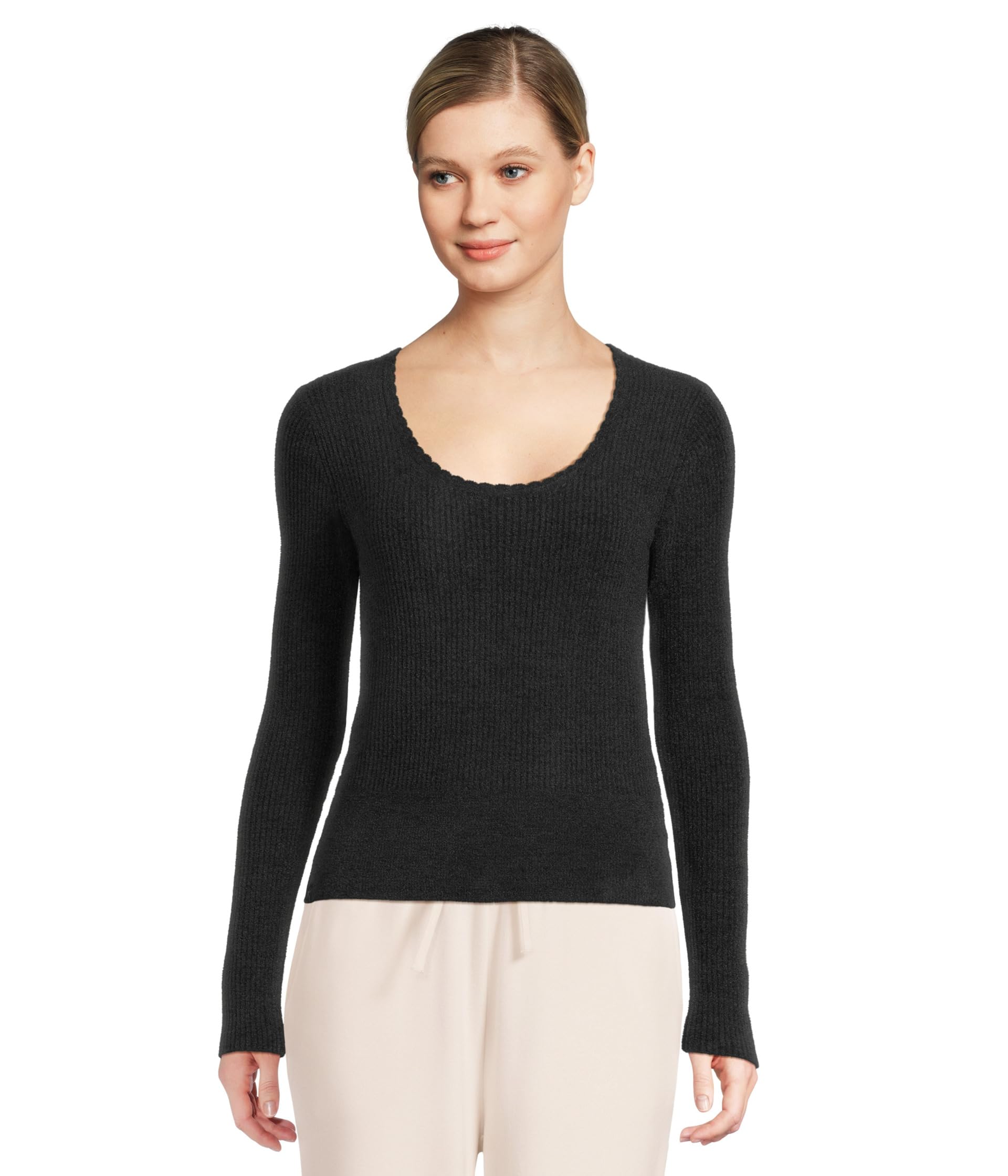 

Топ Barefoot Dreams Cozychic Ultra Lite Ribbed Scallop Scoop Neck Top, черный